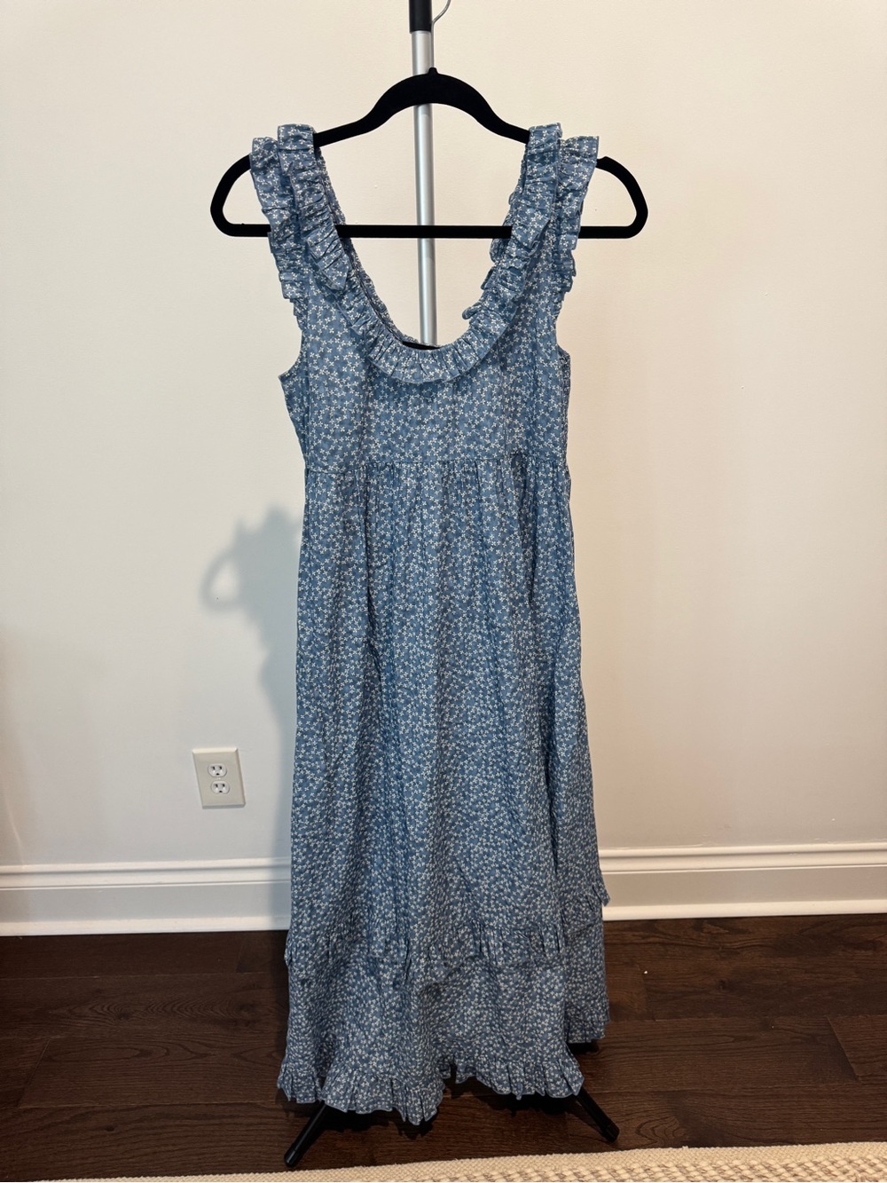 Hatch Blue Floral Ruffle-Trim Maxi Dress